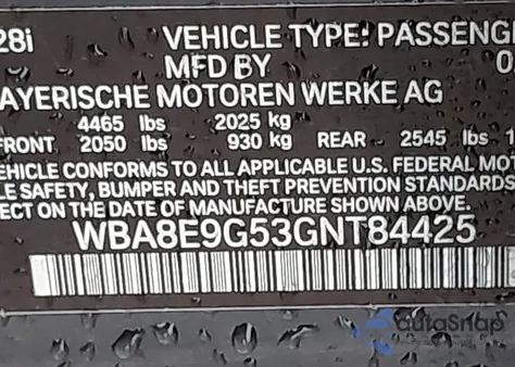 2016 BMW 328I из США, поврежденный, VIN WBA8E9G53GNT84425